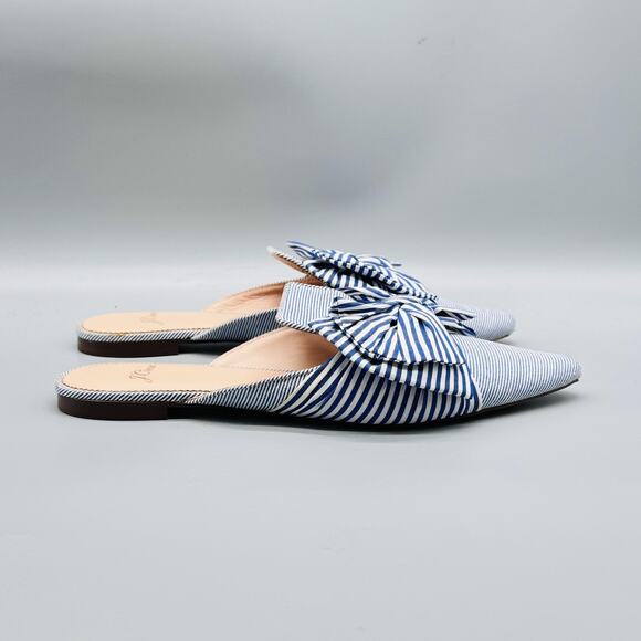 J Crew Sandals Womens 8.5 Blue White Stripes Mules Bow Pointed Toe Slides Flat - Picture 2 of 12